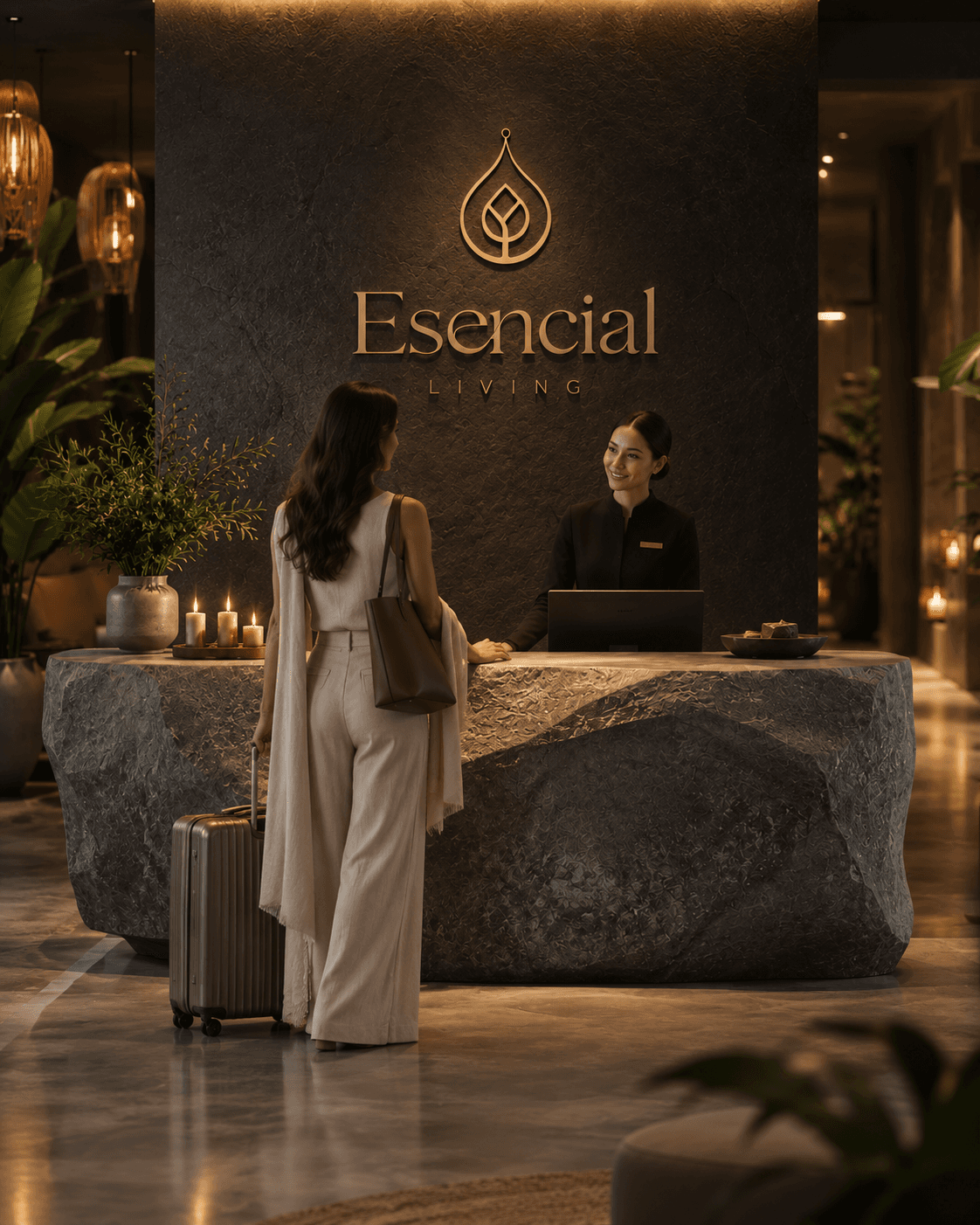Imagen conceptual de la recepción de Esencial Living, con piedra oscura y luz cálida; no es un diseño final.