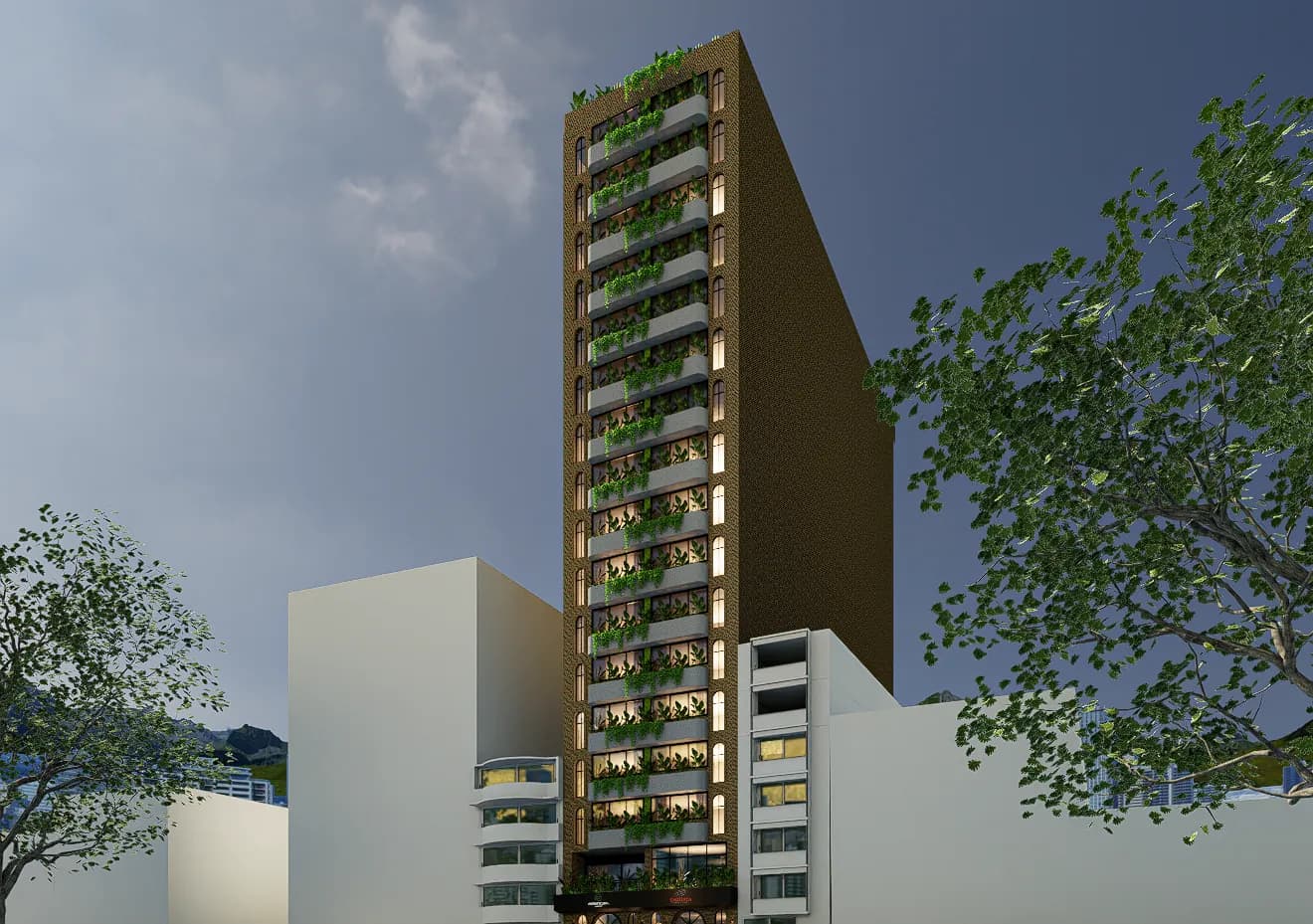 Fachada diurna de la torre de Esencial Living, con ladrillo texturizado y jardines en altura.