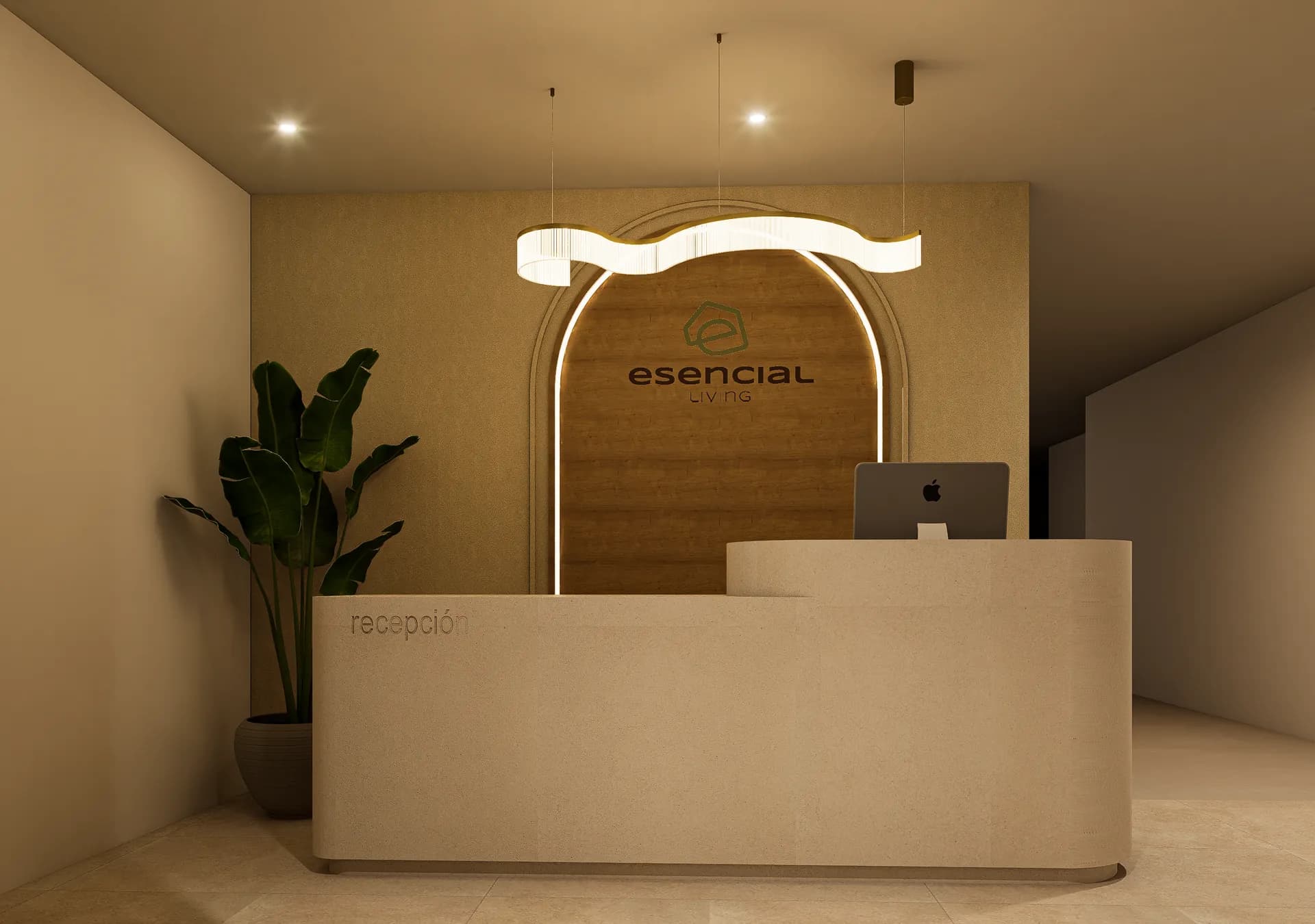 Recepción del lobby con arco iluminado, madera cálida y la marca Esencial Living.