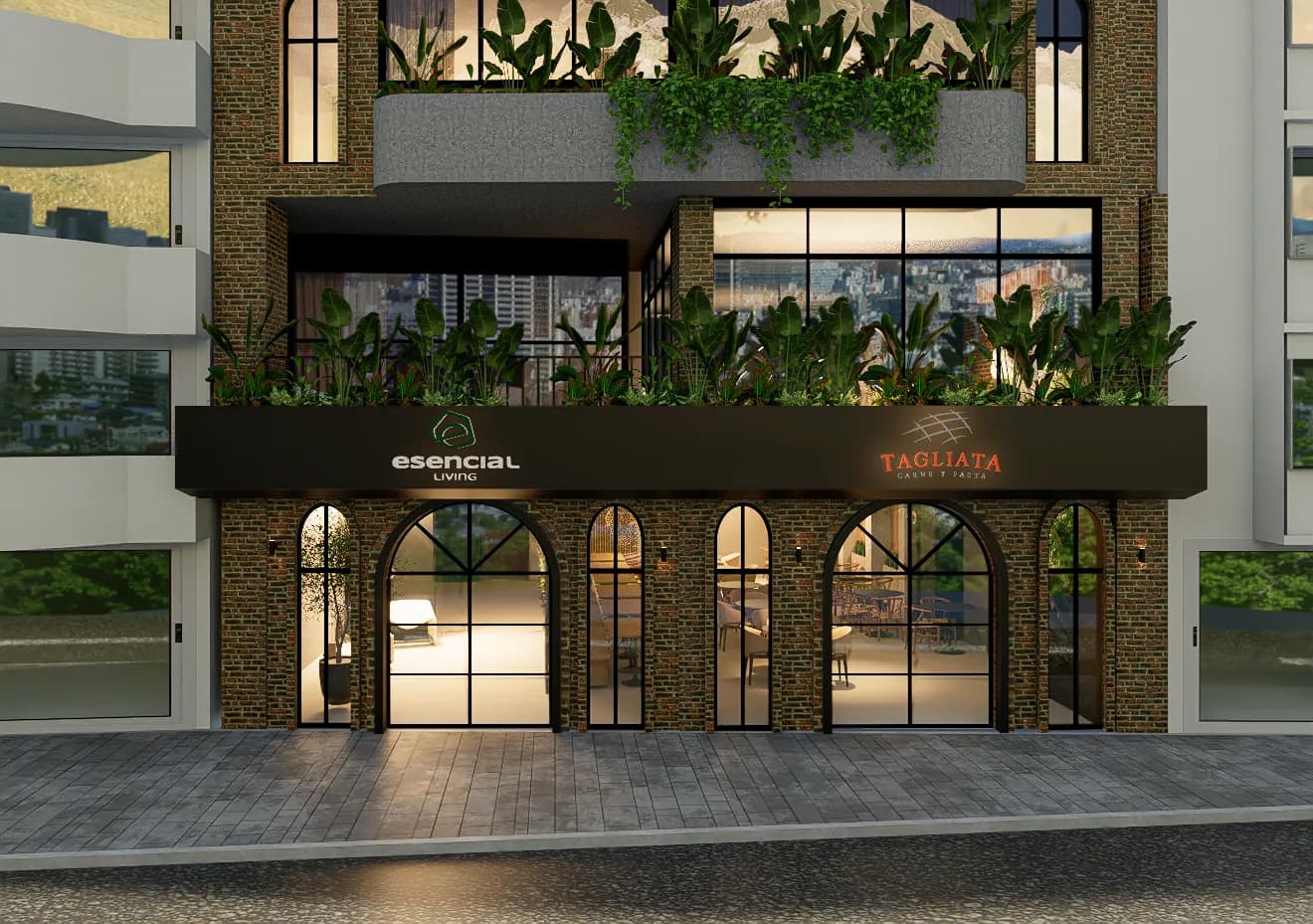 Planta baja de Esencial Living con arcos de ladrillo, acceso al hotel y locales comerciales.