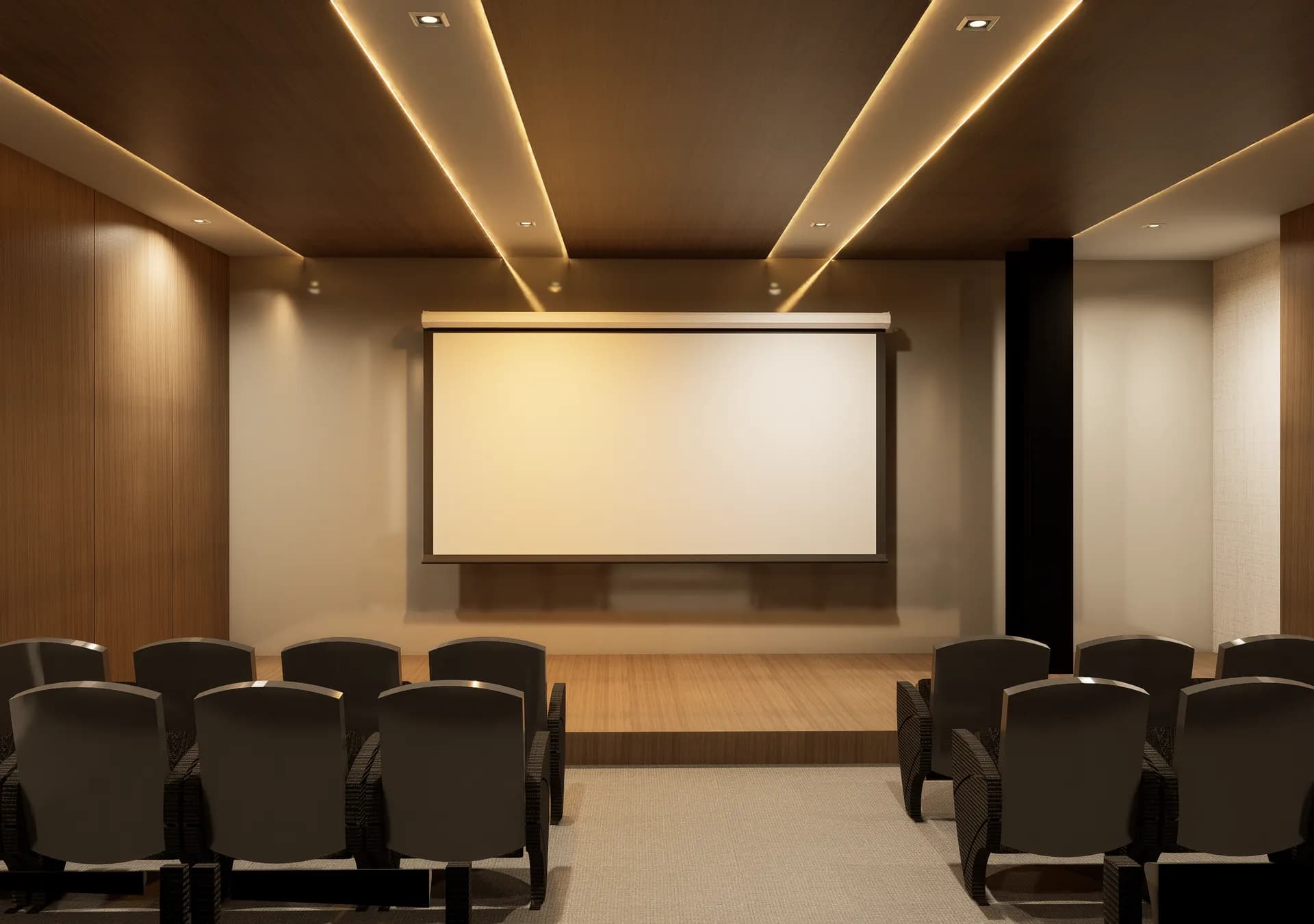 Sala de proyección con butacas, madera cálida e iluminación lineal.